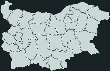 Contour vector map of Bulgaria with the designation of the administrative borders of the regions on a dark background.