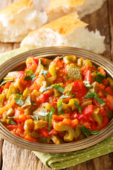 Taktouka is a traditional Moroccan salad composed of tomatoes, bell peppers, garlic, toasted paprika and olive oil closeup in the plate on the table. Vertical