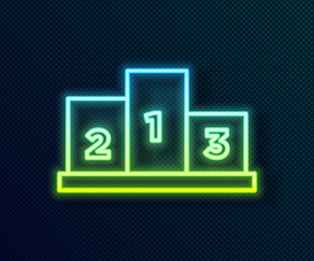 Glowing neon line Award over sports winner podium icon isolated on black background. Vector.