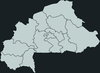 Fototapeta premium Contour vector map of Burkina Faso with the designation of the administrative borders of the regions on a dark background.