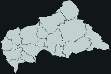 Contour vector map of Central African Republic with the designation of the administrative borders of the regions on a dark background.