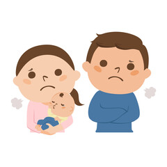Fototapeta premium 若い夫婦のイラスト。子育てに悩んで疲れてる女性と男性。