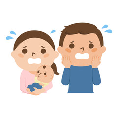 若い夫婦のイラスト。トラブルが起こって慌てている女性と男性。