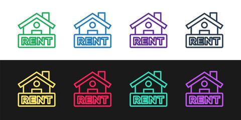 Set line Hanging sign with text Rent icon isolated on black and white background. Signboard with text For Rent. Vector.
