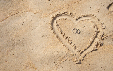 A wedding ring on the sand And they are wedding rings.