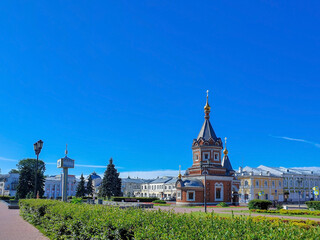 The historical center of Yaroslavl. Sunny day. 19th century buildings. Alexander Nevsky Chapel