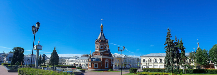 The historical center of Yaroslavl. Sunny day. 19th century buildings. Alexander Nevsky Chapel