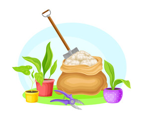 Garden Tools and Equipment with Spade, Pruning Shears and Seedling in Flowerpots Vector Composition