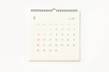 June 2021 calendar on white background. Calendar background for reminder, business planning, appointment meeting and event.