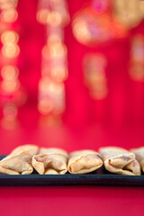 A dish of fried spring rolls on the background of festive red