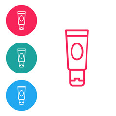 Obraz premium Red line Cream or lotion cosmetic tube icon isolated on white background. Body care products for woman. Set icons in circle buttons. Vector.