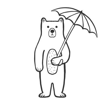 Cute bear with umbrella outline coloring page for kids. Doodle, sketch cartoon character of a bear. Hand drawn children's print, vector illustration for packaging, fabric, textile. Childishly drawn.