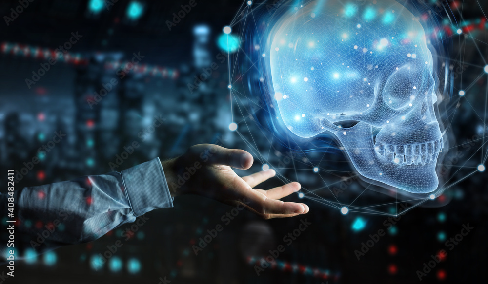 Poster Man hand using digital x-ray skull holographic scan projection 3D rendering