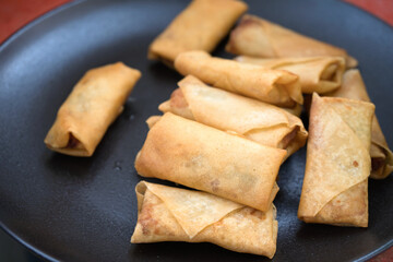 Close up of the golden fried spring rolls on the plate