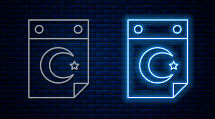 Glowing neon line Star and crescent - symbol of Islam icon isolated on brick wall background. Religion symbol. Vector.