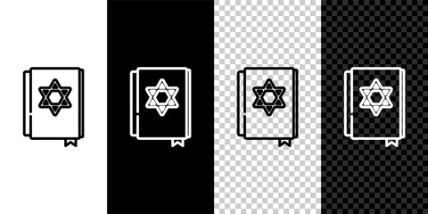 Set line Jewish torah book icon isolated on black and white,transparent background. Pentateuch of Moses. On the cover of the Bible is the image of the Star of David. Vector.