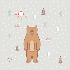 Cute bear in the forest with sun. Color illustration for children, for kids. Vector, hand draw, bear cartoon character. Baby pattern. Children's print on fabric, textiles, packaging