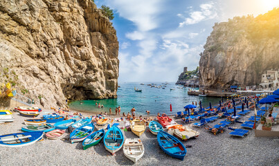 Landscape with amazing Marina di Praia beach  at famous amalfi coast, Italy