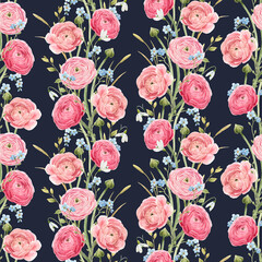 Beautiful seamless floral pattern with watercolor gentle red summer flowers. Stock illustration.