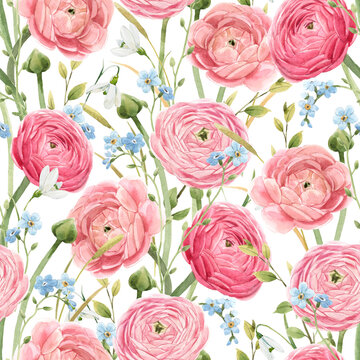 Beautiful seamless floral pattern with watercolor gentle red summer flowers. Stock illustration.