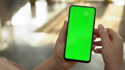 Back view of brunette holding chroma key green screen smartphone watching content.Shopping center. Department store. Mall. Shopping online. Gadgets and contemporary people concept. - Powered by Adobe