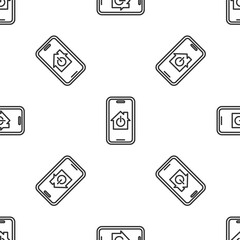 Grey line Mobile phone with smart home icon isolated seamless pattern on white background. Remote control. Vector.