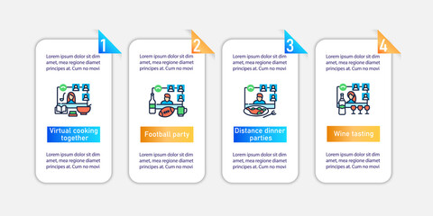 Meeting together vector infographics.Online kitchen conference concept.Remote video communication template for presentations ,workflow layout, info chart,banner.Mobile app pages screen with 4 concepts