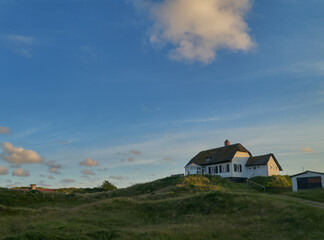 Fototapeta na wymiar traditional rural house in the dunes of Vejers Strand (Denmark) in scenic evening sunlight