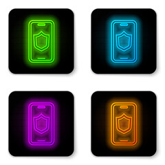 Glowing neon line Smartphone, mobile phone with security shield icon isolated on white background. Security, safety, protection concept. Black square button. Vector.