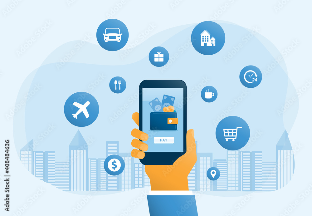 Poster flat vector illustration design mobile wallet and mobile payment concept with design concept for technology digital smart device service online on business 