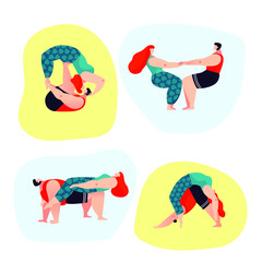 A couple practicing acro yoga. Set of cute characters doing asanas. Vector illustration. Trendy character's design.