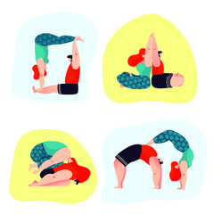 A couple practicing acro yoga. Set of cute characters doing asanas. Vector illustration. Trendy character's design.