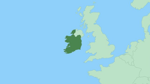 Map of Ireland with pin of country capital. Ireland Map with neighboring countries in green color.
