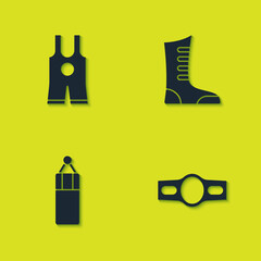 Set Wrestling singlet, Boxing belt, Punching bag and Sport boxing shoes icon. Vector.