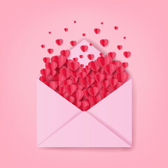 Happy Valentine's Day concept, Pink envelope has a lot of red paper hearts inside, Letter to love, Paper art and digital craft style © MrArtHit
