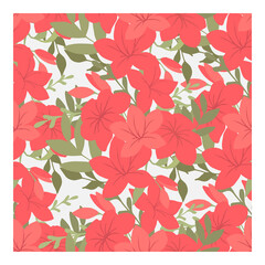 Background with Azalea flower. Red flowers, green leaves and branches. Seamless vector pattern. Flower illustration for design.
