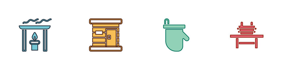 Set Aroma candle, Sauna wooden bathhouse, mittens and bench with bucket icon. Vector.