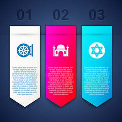 Set Dharma wheel, Muslim Mosque and Star of David. Business infographic template. Vector.