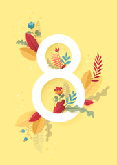 International Womens Day. March 8 banner with floral decor. Cut paper with spring plants, leaves and flowers. Template for a poster, cards, banner Vector illustration