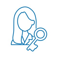 Woman and key. Women's secrets. Vector linear icon isolated on white background.