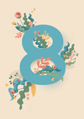 International Womens Day. March 8 banner with floral decor. Cut paper with spring plants, leaves and flowers. Template for a poster, cards, banner Vector illustration