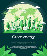 Fototapeta premium Green energy concept with wind turbines and solar panels on the background of the cityscape. Renewable solar and wind energy sources. Vector illustration, flat style. space for text