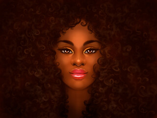 Black woman beauty. Portrait of a beautiful girl looking straight with curly dark hair, afro hairstyle. - 408489048