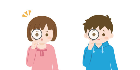 虫眼鏡　調べる　探す　子供たち　バストアップ