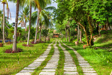 Obraz premium beautiful place for the weekend, Photo of a curved alley of stone bricks in a city park among green spaces