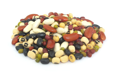 Heap of different beans isolated on white background. 