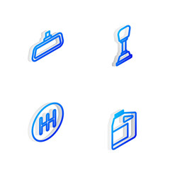 Set Isometric line Gear shifter, Car mirror, and Canister for motor oil icon. Vector.