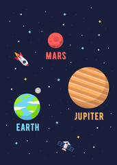 Set 3 Planet Solar System, Earth Mars & Jupiter. Illustrations vector graphic of the solar system in flat design cartoon style. solar system poster design for kids learning. space kids.