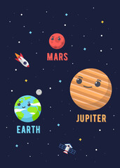 Fototapeta premium Set 3 Planet Cute Solar System, Earth Mars & Jupiter. Illustrations vector graphic of the solar system in cute design cartoon style. solar system poster design for kids learning. space kids.