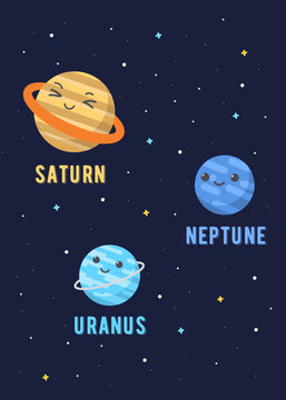 Set 3 Planet Cute Solar System, Saturn Uranus & Neptune. Illustrations vector graphic of the solar system in cute design cartoon style. solar system poster design for kids learning. space kids.